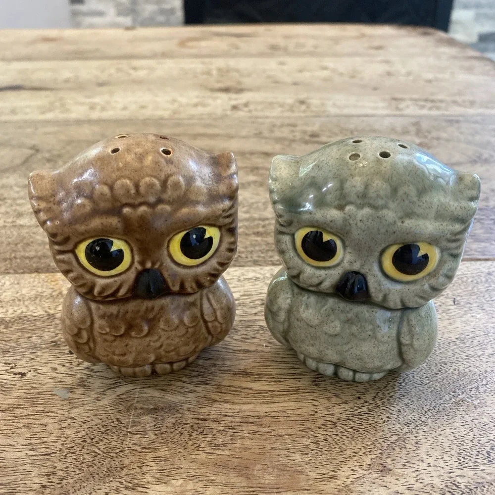Vintage Salt And Pepper Shakers Set Corky, Charming Owl Stoneware